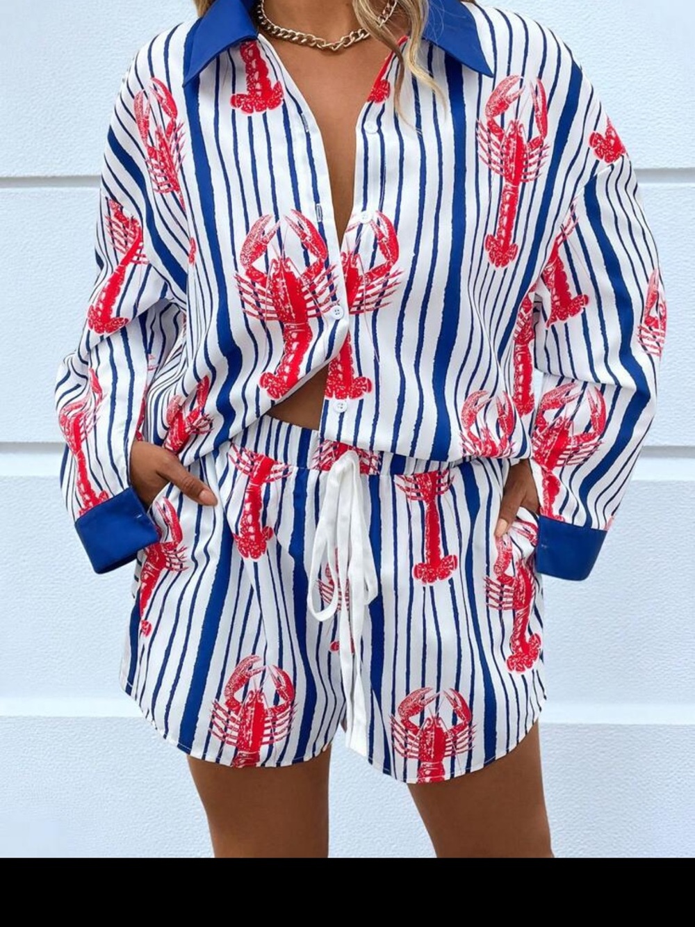 Striped Lobster Two-Piece Pajama Short Set - Blue, White & Red